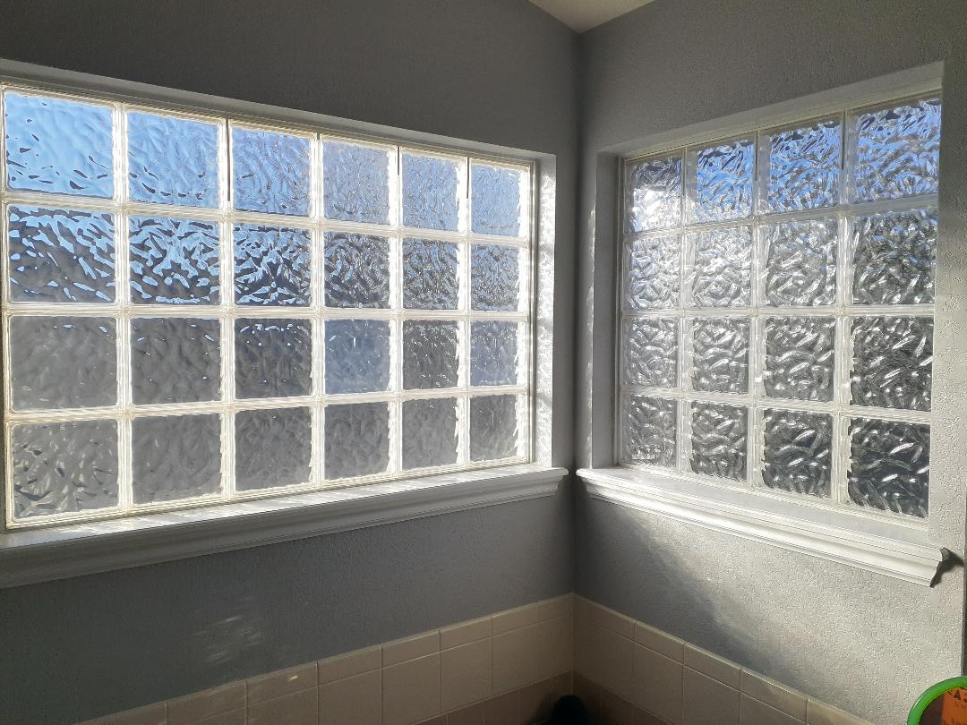 Littleton, CO. Old ceramic obscured block bathroom windows before image