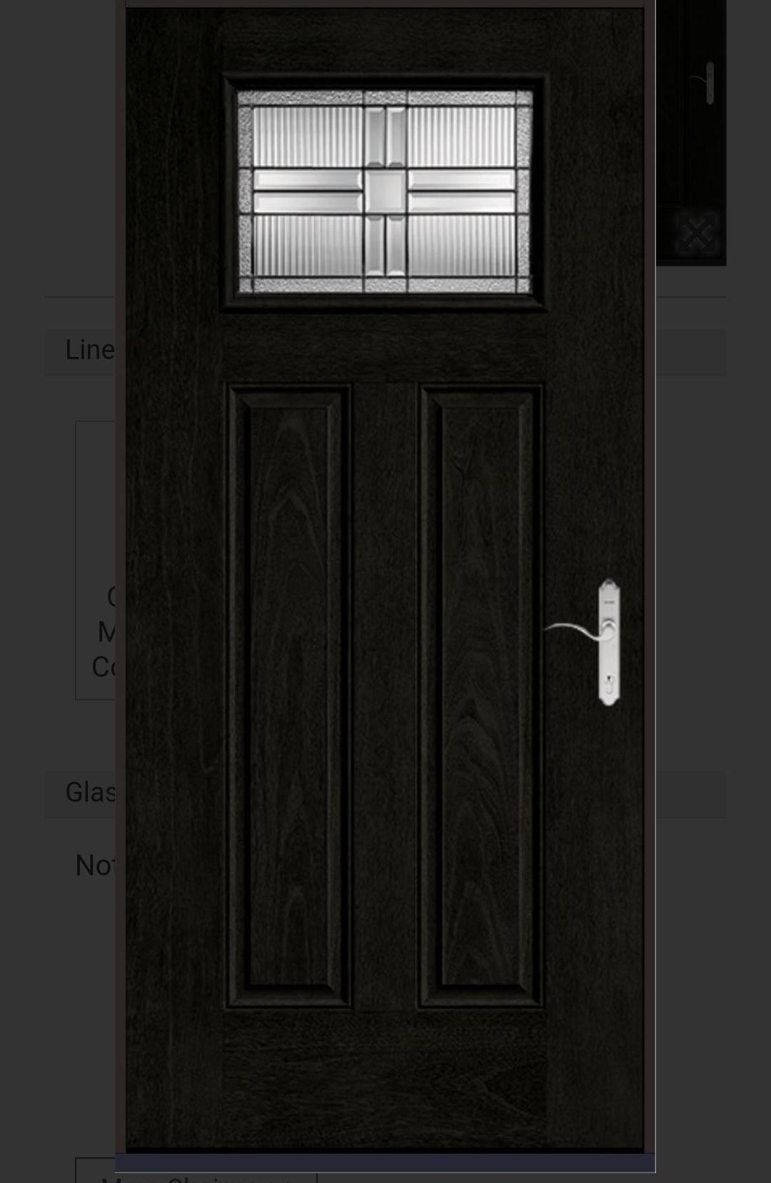 Therma-Tru 1-Lite 2panel with Raven stain. Saratoga decorative privacy glass Nickel handle double bore with deadbolt is available